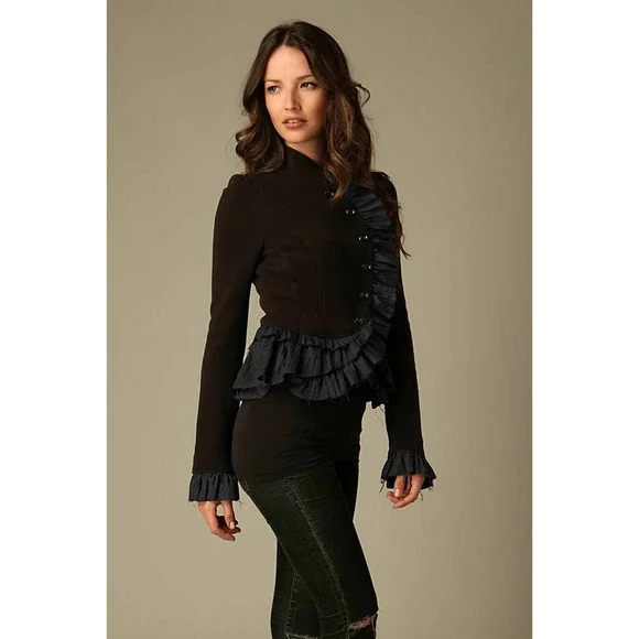 Free People Military Ruffle Victorian Black Jacket S Rare